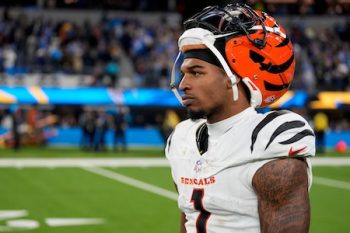Ja'Marr Chase with his helmet on head.