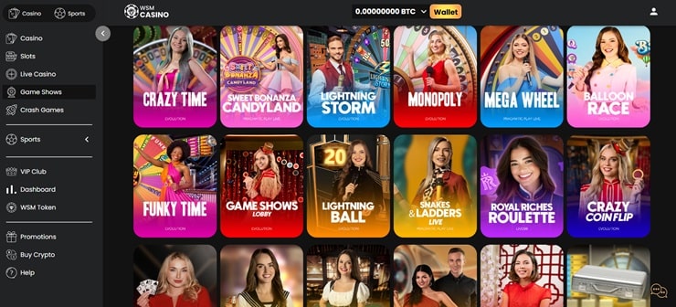 The WSM casino offers a solid selection of online casino game shows.