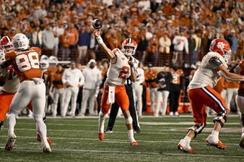 Clemson Tigers quarterback Cade Klubnik throws the ball.