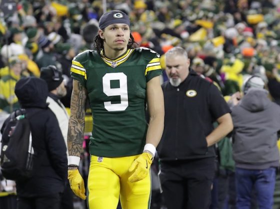 Green Bay Packers wide receiver Christian Watson leaves the field.