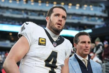 New Orleans Saints quarterback Derek Carr looks sad.
