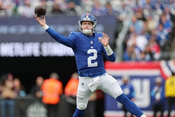 New York Giants quarterback Drew Lock throws a pass.