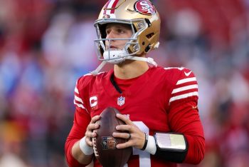 San Francisco 49ers quarterback Brock Purdy warms up before the game.