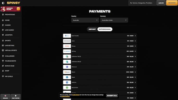 Spinsy Casino Withdrawal Methods