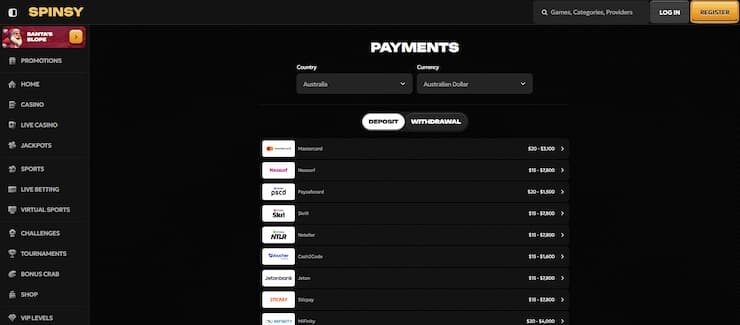 Spinsy banking options
