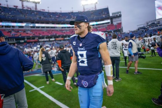 Tennessee Titans quarterback Will Levis walks on the field.
