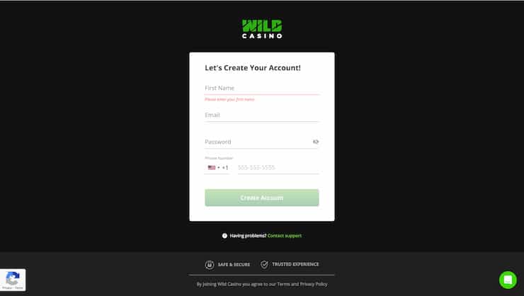 The signup form of Wild Casino