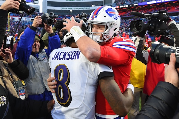 Baltimore Ravens quarterback Lamar Jackson and Buffalo Bills quarterback Josh Allen.