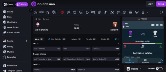 CoinCasino sports betting markets and odds