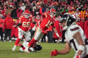 Kansas City Chiefs quarterback Patrick Mahomes throws a touchdown pass.
