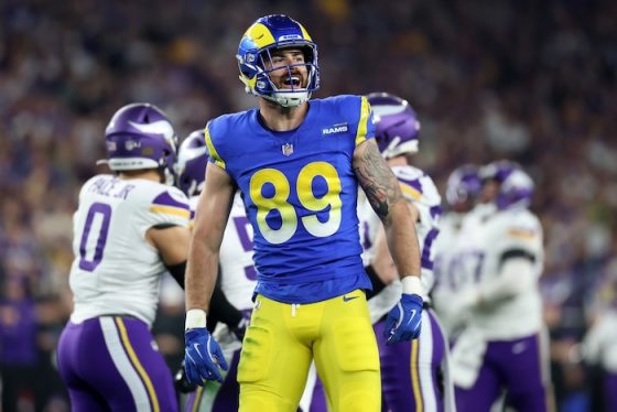 Los Angeles Rams tight end Tyler Higbee (89) reacts after a catch against the Minnesota Vikings.