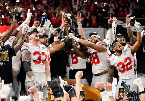 Ohio State Buckeyes celebrate their 34-23 win over Notre Dame Fighting Irish.