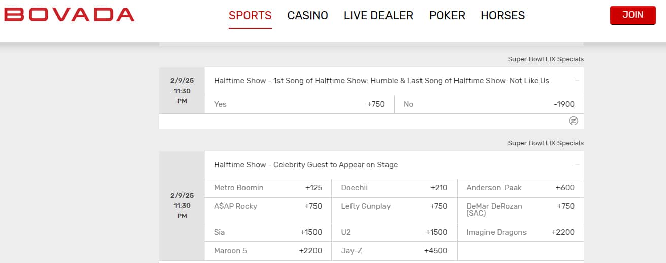 super bowl betting sites halftime show odds