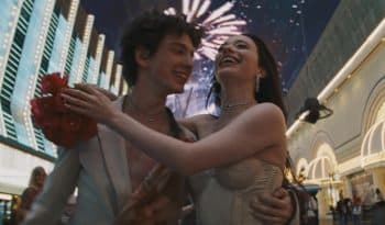 A man and woman hug each other in Las Vegas.