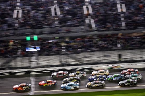Bubba Wallace leads NASCAR Cup Series pack in Daytona 500 Duel qualifier.