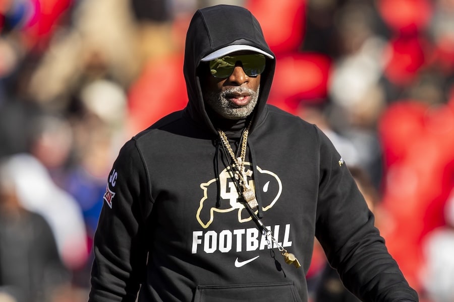 Deion Sanders wears a hoodie at Colorado.