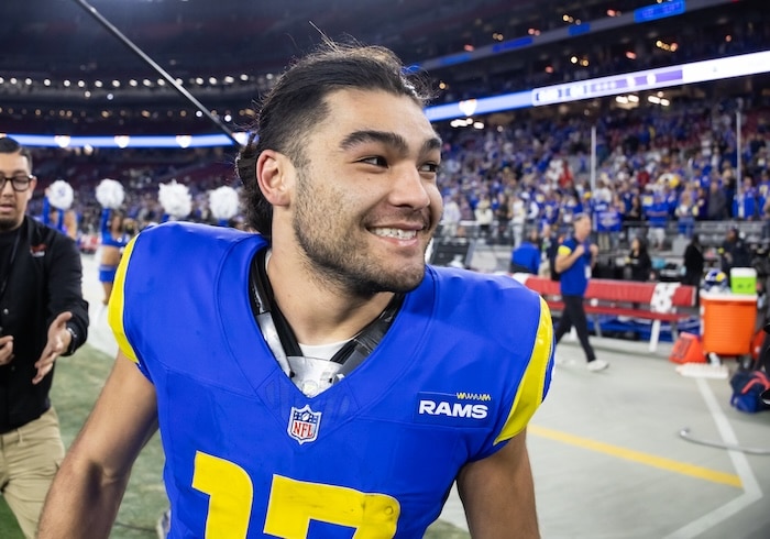 Los Angeles Rams wide receiver Puka Nacua smiles.