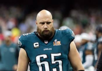 Lane Johnson stands on the sideline.