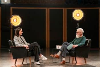 Caitlin Clark sits across from David Letterman.