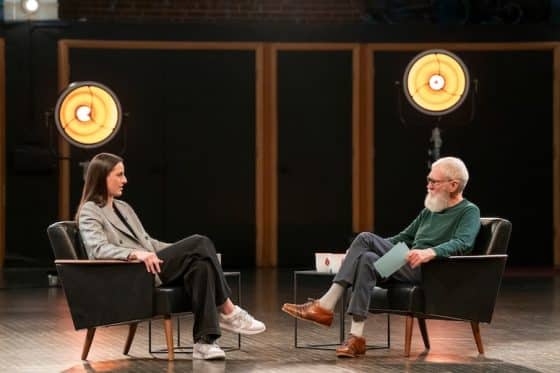 Caitlin Clark sits across from David Letterman.