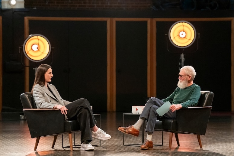Caitlin Clark sits across from David Letterman.