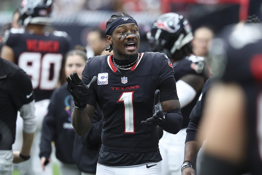 Houston Texans wide receiver Stefon Diggs stands on the sidelines.
