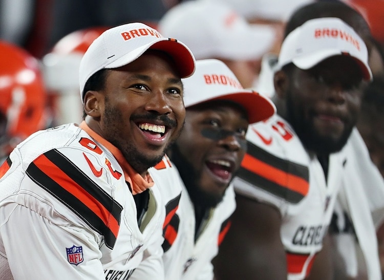 Cleveland Browns Myles Garrett sits on the bench.