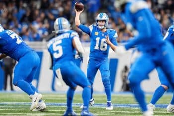 Detroit Lions quarterback Jared Goff throws the ball.
