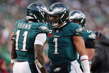 Philadelphia Eagles quarterback Jalen Hurts (1) and wide receiver A.J. Brown.