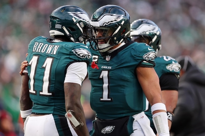 Philadelphia Eagles quarterback Jalen Hurts (1) and wide receiver A.J. Brown.