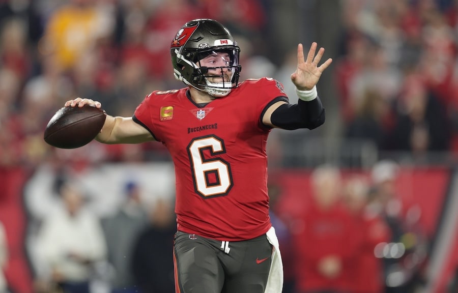 Tampa Bay Buccaneers quarterback Baker Mayfield winds up to throw.
