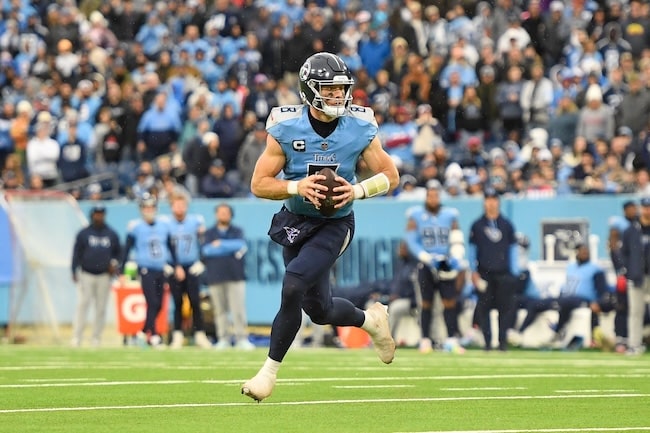 Tennessee Titans Will Levis (8) rolls out to his right.