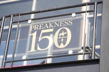 150th Preakness Stakes logo on glass.