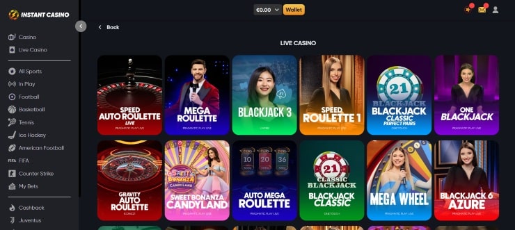 Instant Casino live dealer games section