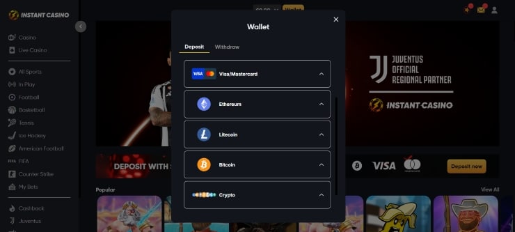 Instant Casino banking option