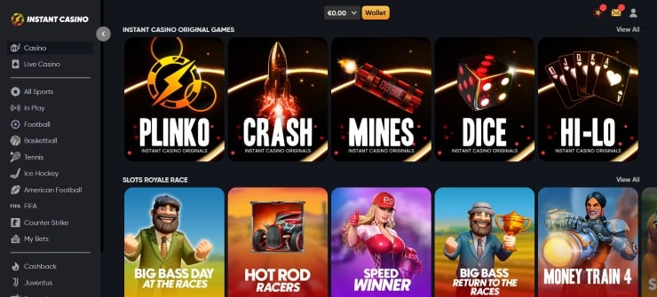 Instant Casino games section