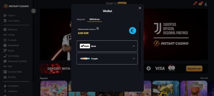 Instant Casino withdrawal funds form