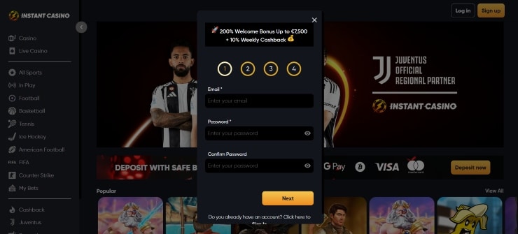Instant Casino registration form