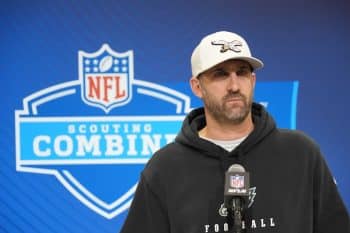 Philadelphia Eagles coach Nick Sirianni stands at a podium.