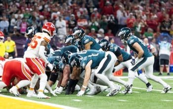 Philadelphia Eagles quarterback Jalen Hurts readies for the Tush Push.