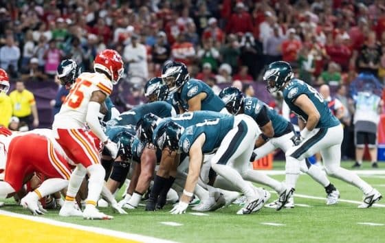 Philadelphia Eagles quarterback Jalen Hurts readies for the Tush Push.