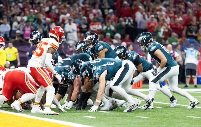 Philadelphia Eagles quarterback Jalen Hurts readies for the Tush Push.