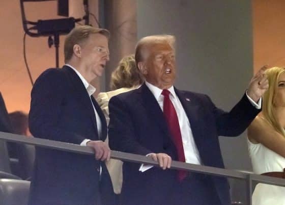 Roger Goodell talks with Donald Trump.