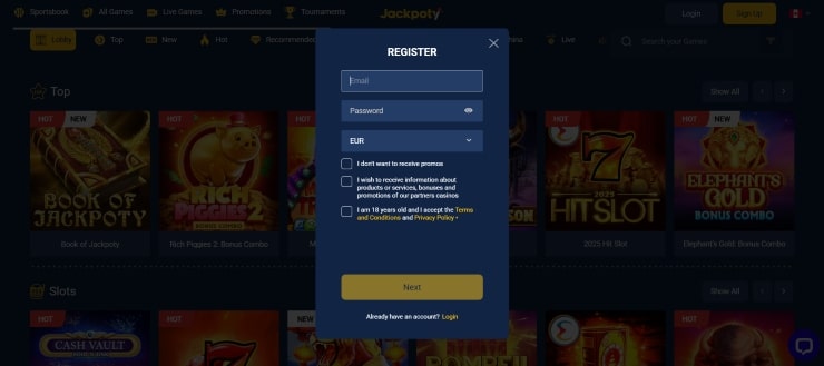 Jackpoty registration form