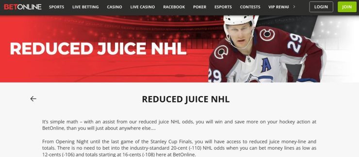 BetOnline reduced juice NHL article