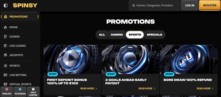 Spinsy bonuses and pormotions page