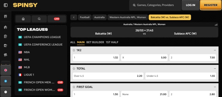 sports betting markets and oods at Spinsy