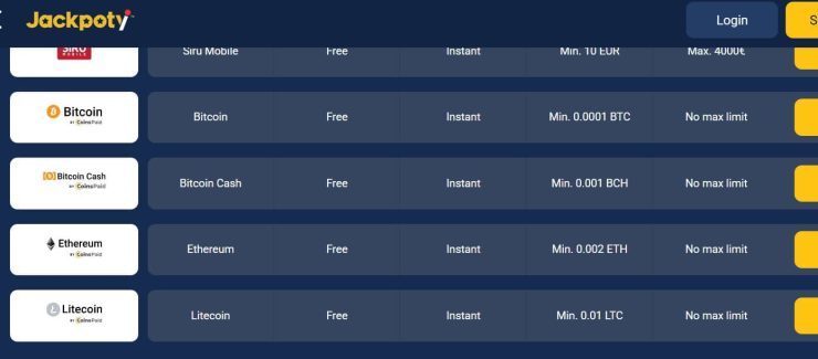 Jackpoty crypto deposit options