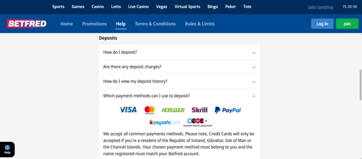 deposit funds options at BetFred