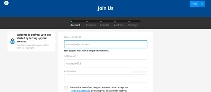 BetFred registration form